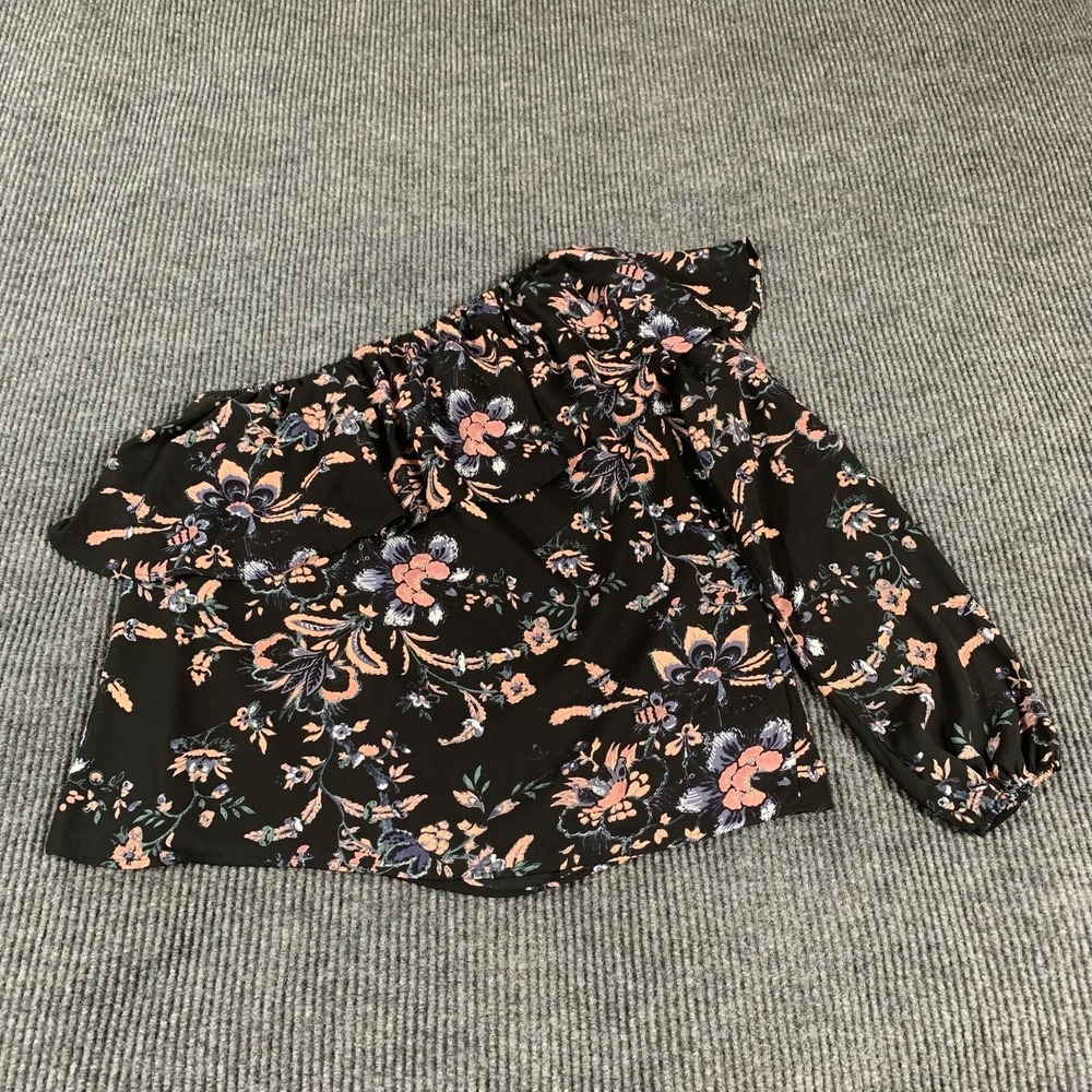 Belle Sky Top Womens Medium Black Floral AOP Lined One Shoulder Blouse Oversized